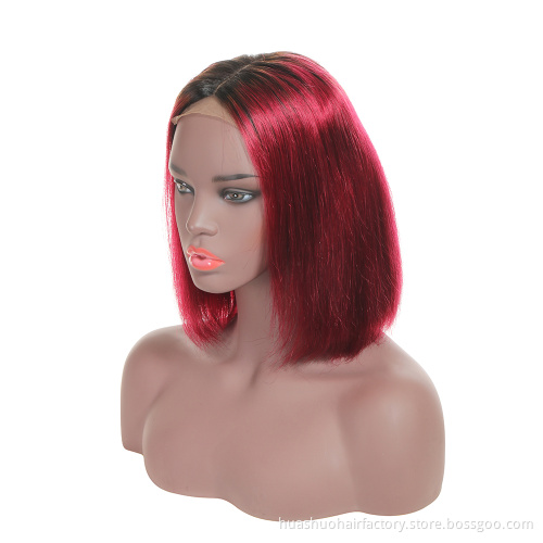 Peruvian Natural Color Short Wavy Strait Styled Brazilian Human Hair 1B 99J Burgundy Red Lace Front Wig